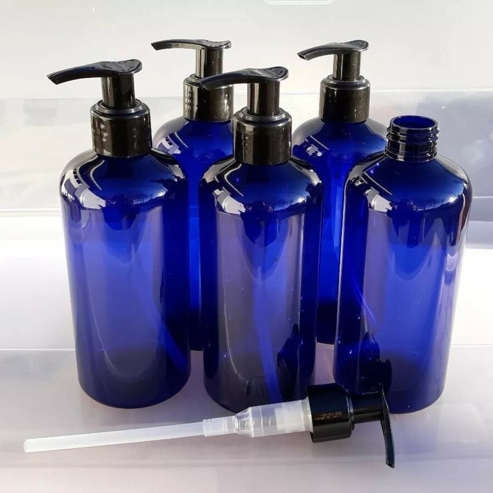 7 Empty plastic cobalt blue pump bottles NEW - Picture 1 of 2